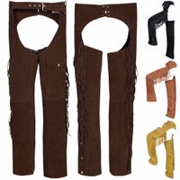 Front and back view of Men’s Western Leather Dark Brown Chaps showing soft cowhide leather, classic fringe details, adjustable fit, and premium quality for Western riding gear, buy online.