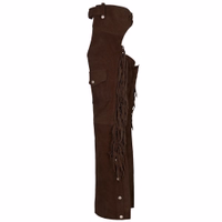 Herren Western-Lederchaps Seitenansicht der Herren Western Leder Chaps in dunkelbraun mit langlebigem Rindsleder, klassischen Fransen an den Beinen, verstellbarer Passform und vielseitiger Nutzung für Westernveranstaltungen oder Reiten, jetzt kaufen.