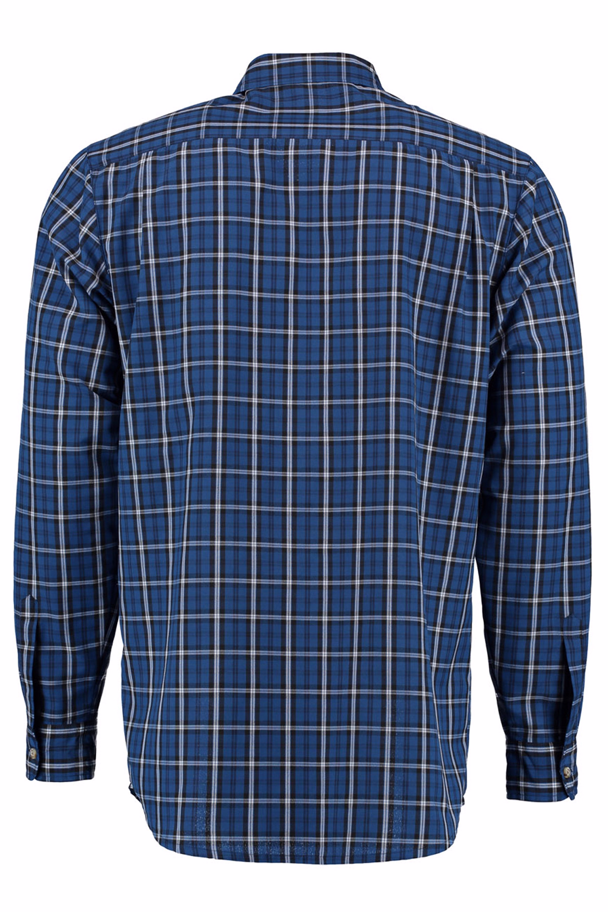 Rückansicht eines dunkelblauen Jagdhemdes mit Haifischkragen und Button-Down-Design. Das Hemd verfügt über geknöpfte Ärmel und eignet sich ideal für den täglichen Gebrauch. Langarmstil. Jetzt online erhältlich.
