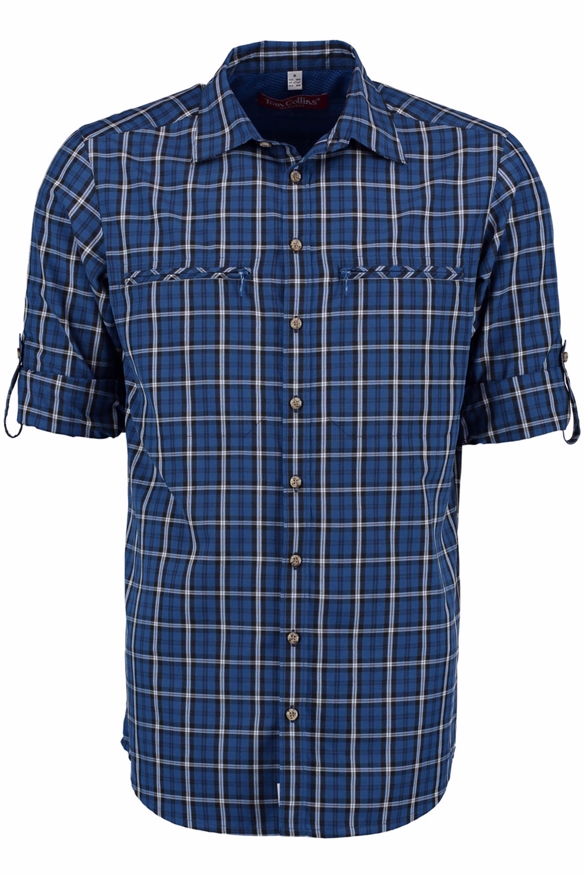 Vorderansicht eines Herren-Jagdhemdes in Dunkelblau. Dieses stilvolle Kurzarmhemd besticht durch einen eleganten Haifischkragen und ein edles Design. Gefertigt aus 100 % Baumwolle bietet es sowohl Strapazierfähigkeit als auch außergewöhnlichen Tragekomfort