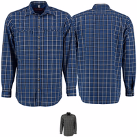 Men's Hunfting Shirt dark blue Front and rear view of a men's hunting shirt in dark blue. Featuring a shark collar and an elegant design, this long-sleeve shirt has a button-down collar and is crafted from 100% cotton for superior durability and comfort.
