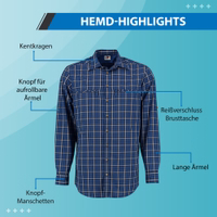 Men's Hunfting Shirt dark blue Dark blue hunting shirt featuring a Kent collar, buttoned cuffs, and long sleeves. Equipped with roll-up sleeve buttons and a zippered chest pocket for added functionality