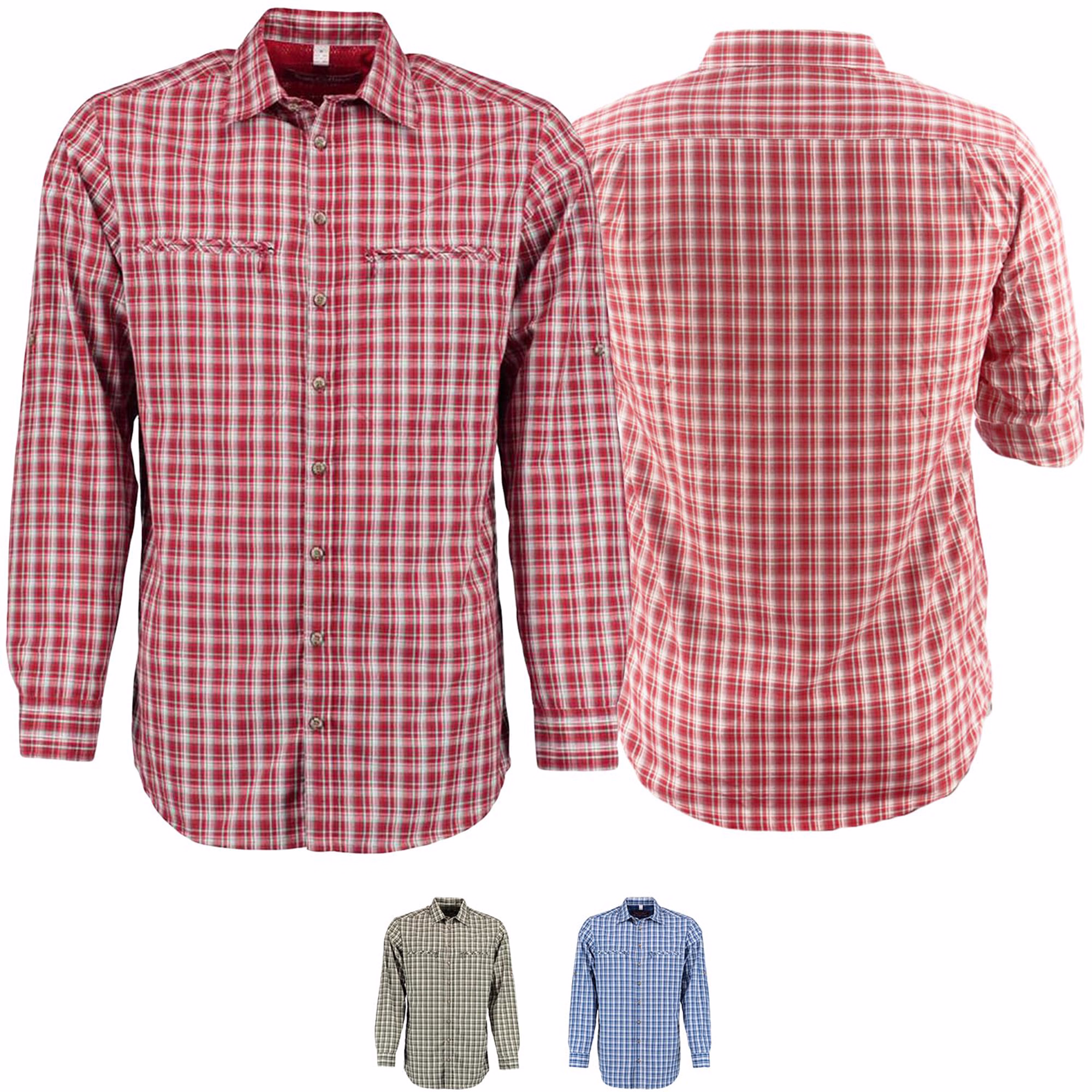Herren Klassisches Traditionelles Jagdhemd Vorder- und Rückansicht Rotes Traditionelles Jagdhemd Langarm Ganzjahres Outdoor Freizeithemd mit Haifischkragen und geknöpften Ärmeln Bequemer Polyesterstoff mit Taschen Deutscher Stil Jagdhemd online kaufen