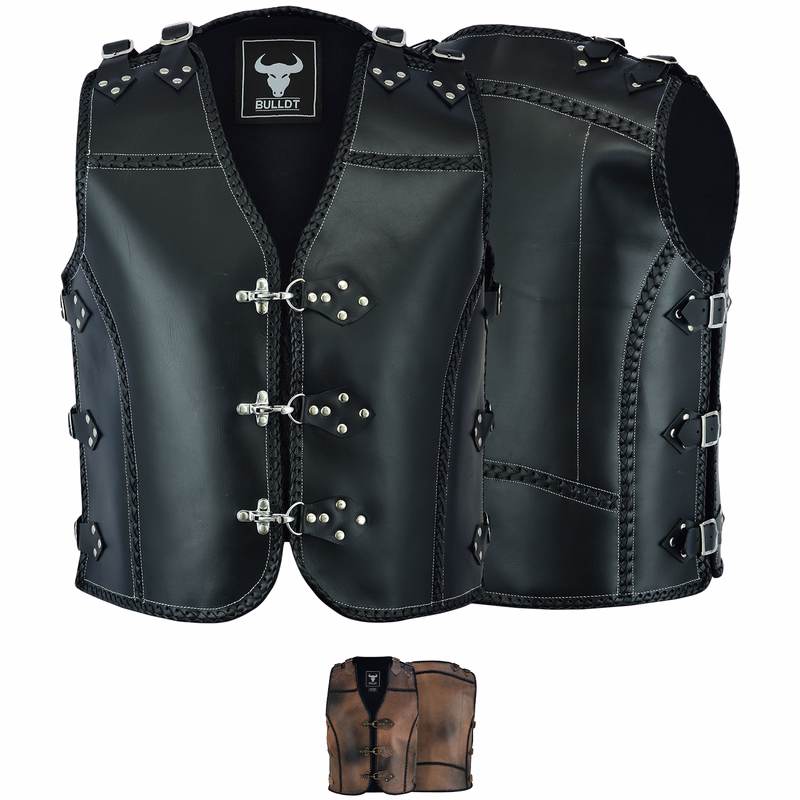 BULLDT Motorrad-Lederweste aus robustem Leder, strapazierfähige Bikerweste, Motorradweste BULLDT braune Motorrad Lederweste für Herren, Front & Rückansicht im klassischen Cut. Aus echtem Rindsleder, robust & weich für Komfort. Mit verstellbaren Schulter- & Seitenschnallen: perfekte Kombination aus Stil & Funktion für jede Fahrt.