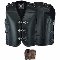 Front & Rearview BULLDT black Motorcycle Cut Leather Vest for men. Crafted from genuine cowhide leather, offers durability &softness for a comfortable ride. Complete with adjustable shoulder &side buckles, it's the perfect blend of fashion &function