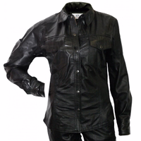 Women's leather shirt motorcycle shirt leather jacket The Women's black Nappa-leather fashion jacket is showcased from the front view. Crafted from soft Nappa leather, it offers exceptional comfort for wearers. Featuring one pocket at chest level on each side