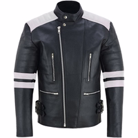 Lederrock maßanfertigung Maßgeschneiderte nach Mass Trend452R Herren Motorradjacke in schwarz/grau Farbe Vorderansicht, sorgfältig aus Ledergewebe mit einem Polyester-Innenfutter gefertigt. Die Jacke ist mit mehreren Protektoren ausgestattet, Zusätzlich sind die Manschetten mit Reißverschluss ausgestattet.
