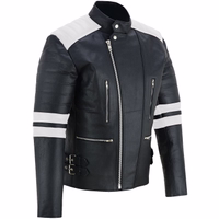 Lederrock maßanfertigung Maßgeschneiderte nach Mass Trend452R Herren-Motorradjacke in schwarz/grau, aus feinstem Rindsleder gefertigt, mit Seitenansicht. Wird am Ende des Reißverschlusses mit Knöpfen gesichert und verfügt über Protektoren für die Arme, Schultern, Ellbogen, Rücken.