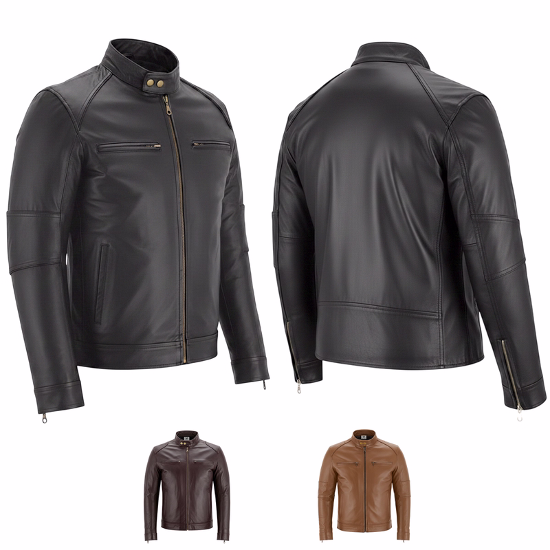 Trendige Herrenjacke aus Lammnappaleder Vorder- und Rückansicht einer schwarzen Herrenlederjacke aus Lammnappa. Diese Jacke verfügt über einen hohen Kragen mit Druckknöpfen, Reißverschluss-Brusttaschen und Ärmelreißverschlüsse und vereint Stil mit Funktionalität.