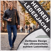 Trendige Herrenjacke aus Lammnappaleder Gehender Herren in schwarz Lederjacke. Zeitloses Design aus ultraweichem, echtem Lammleder.