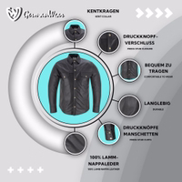 Features of Men’s Motorcycle Lamb Nappa Black Leather Shirt highlighting chest pockets, press stud closure, Kent collar and soft lining for everyday comfort and biker style get now