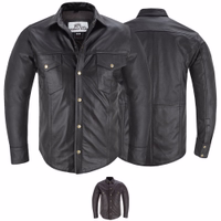 Herren-Motorradjacke aus Lammnappaleder Vorder- und Rückansicht des Herren-Motorrad-Lammnappa-Lederhemds in Schwarz/Dunkelbraun – aus weichem Lammnappa, Kent-Kragen und Druckknopfverschluss für Komfort und Langlebigkeit. Jetzt online shoppen!