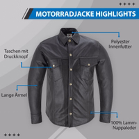 Herren-Motorradjacke aus Lammnappaleder Vorderansicht des Herren-Motorrad-Lammnappa-Lederhemds in Schwarz mit durchgehendem Knopfverschluss – Biker-inspirierte Details für Stil und Langlebigkeit. Jetzt kaufen!