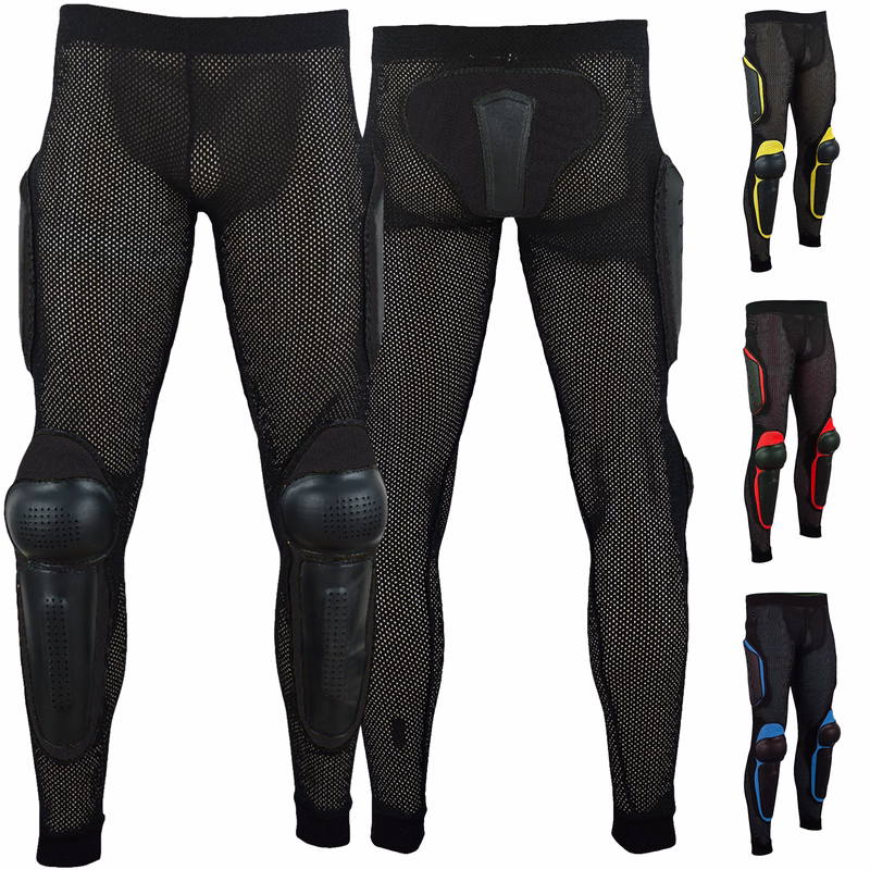 Motorradschutzhose Front- und Rückansicht der schwarzen Motorrad-Schutzhose, entworfen für Motocross- und BMX-Fahrer, mit Knie-, Hüft- und Oberschenkelschützern, atmungsaktivem Mesh und elastischem Bund – jetzt online sichern!