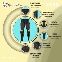Motorradschutzhose Produktmerkmale: Gelbe Motorrad-Schutzhose mit verstärkten Polstern, atmungsaktivem gepunktetem Mesh und dehnbarem Bund – entwickelt für Schutz, Komfort und Stil. Jetzt online kaufen!