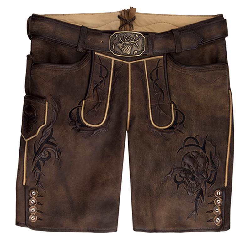 Demos men's traditional leather trousers, short trousers with embroidered goat velor belt