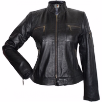 The Front view of a black leather motorcycle jacket. Indulge in luxury with a natural leather blazer. Very soft material and comfort, it features practical pockets and a classic button closure. premium product, free return world wide
