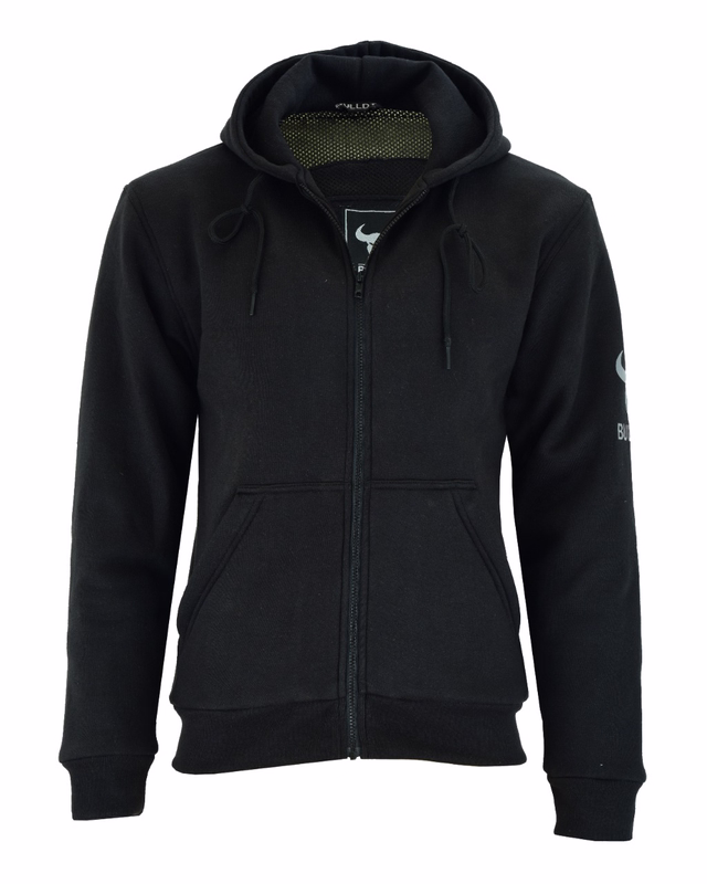 BiG-XXL motorcycle hoodie motorcycle hoodie protective jacket large sizes 6XL 7XL 8XL Front view of Men's Motorcycle hoodie in Black reveals its numerous protectors. This hoody is comprised of three layers: an outer material of 100% cotton, a middle layer of aramid fibers, and an inner layer of polyester mesh