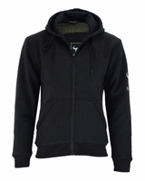 Front view of Men's Motorcycle hoodie in Black reveals its numerous protectors. This hoody is comprised of three layers: an outer material of 100% cotton, a middle layer of aramid fibers, and an inner layer of polyester mesh