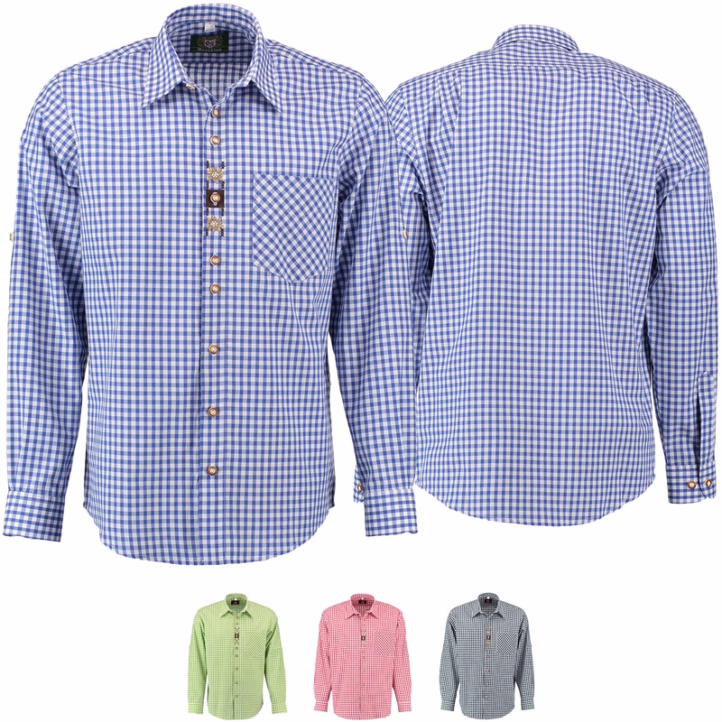 Men's Bavarian Traditional shirt Front and back view of Men’s Poison Green Traditional Shirt features a classic cut, Kent collar, and embroidered button placket. Highlights elegant design, button-down style, and perfect fit for traditional, festive, or formal occasions.