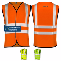 OMKA Warnweste mit hoher Sichtbarkeit – Ärmelloses V-Ausschnitt-Design für Auto- und Verkehrssicherheit Vorder- und Rückansicht der Omka-Warnweste in Neon-Orange, gefertigt aus strapazierfähigem Polyester mit V-Ausschnitt, ärmellosem Design und hochintensiven reflektierenden Streifen zur besseren Sichtbarkeit bei schlechten Lichtverhältnissen.