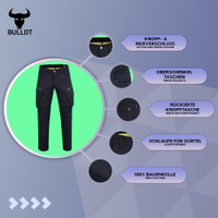 Men's black motorcycle pants with button closure, designed with thigh and cargo pockets for practicality. Crafted from 100% cotton for both durability and comfort, these long pants offer a blend of style and functionality for your rides.