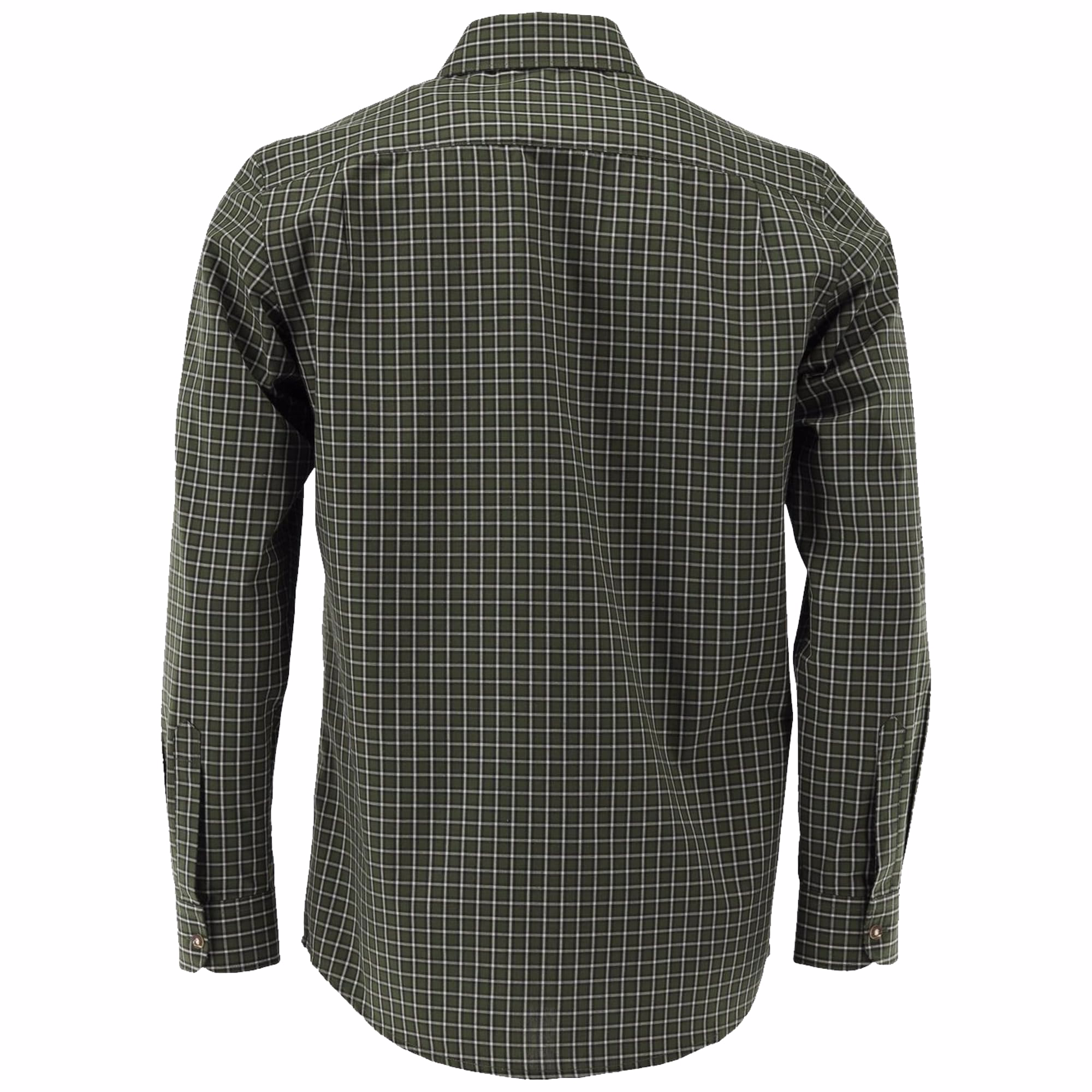 Herren-Traditionalhemd in Grün-Weiß kariert Rückansicht des Herren-Hunting-Hemds. Es hat eine normale Passform für bequemen und entspannten Sitz. Ein kleines gesticktes Logo auf der linken Brust fügt ein dezentes dekoratives Detail hinzu.