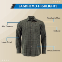 Herren-Hunting-Hemd in Olivgrün mit Knopfverschluss und Stickerei. Aus 60% Baumwolle und 40% Polyester gefertigt, weich und komfortabel, mit langen Ärmeln und Knopfmanschetten. Jetzt kaufen und diese hochwertige Ergänzung für Ihre Outdoor-Garderobe sichern