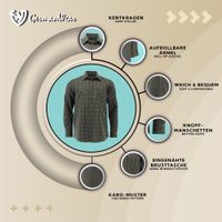Herren-Traditionalhemd in Grün-Weiß kariert Herren-Hunting-Hemd in Olivgrün mit Kent-Kragen und aufrollbaren Ärmeln. Aus 60% Baumwolle und 40% Polyester gefertigt, weich und komfortabel, mit Knopfmanschetten, eingenähter Brusttasche und stilvollem Karomuster für Qualität und Stil.