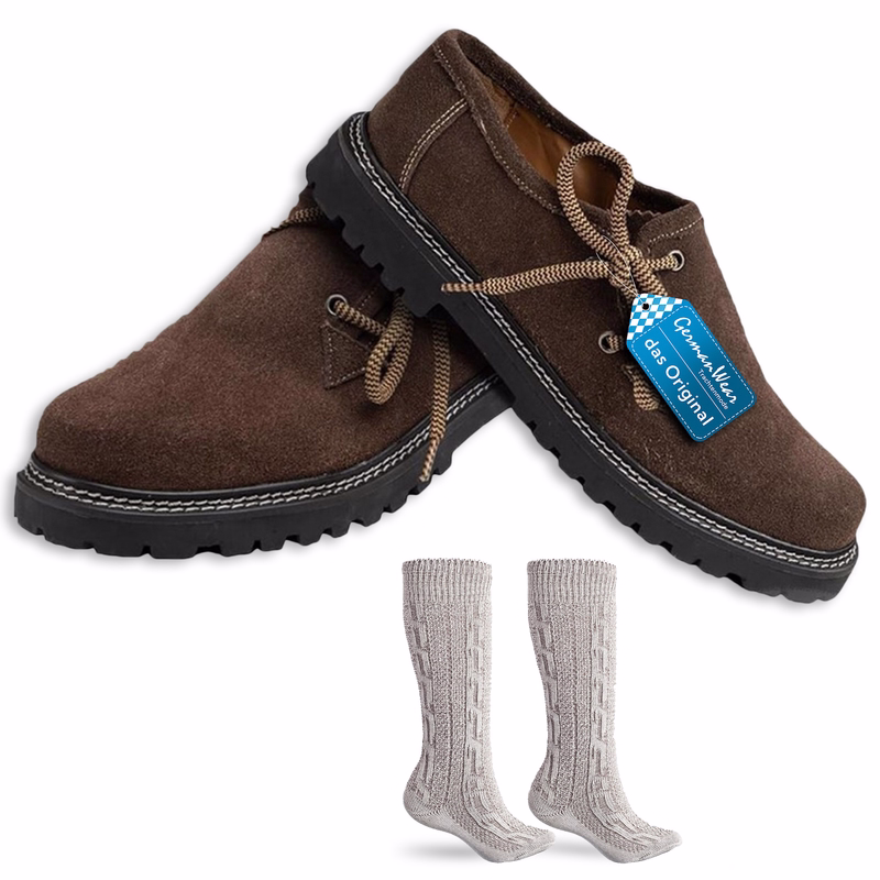 Men's Bavarian Traditional Shoes with Socks Pair of Men”s Bavarian Traditional Shoes with Socks Handmade Suede Brogues Black Traditional Oktoberfest Shoes Set with 40cm Short Socks Authentic German Wear for Festival and Casual Outfits