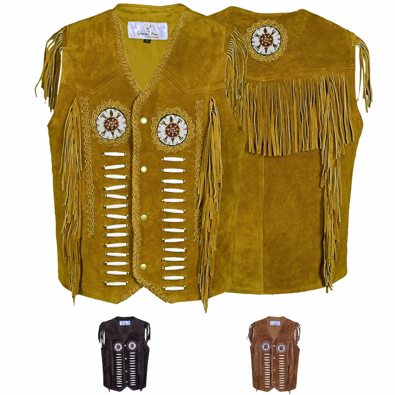 Men Fashion western vest Check out the premium Best Western leather vest for men from both the front and rear views. This stylish dark brown vest features elegant white lacing accents on the front and decorative beaded medallions on the chest. It fastens with sleek snap buttons.