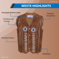 Herrenmode Westernweste Braune Leder-Bikerweste mit Fransenverzierungen an den Schultern und Seiten, weißer Schnürung entlang der Vorderseite, dekorativen Perlenmedaillons auf der Brust und Druckknopfverschlüssen.