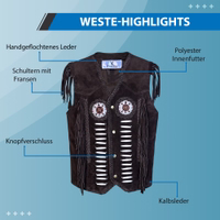 Herrenmode Westernweste Detaillierte Nahaufnahme einer luxuriösen dunkelbraunen Western-Lederweste mit kunstvoller weißer Schnürung entlang der Vorderseite. Sie wird mit stilvollen Druckknöpfen für ein elegantes Finish geschlossen.