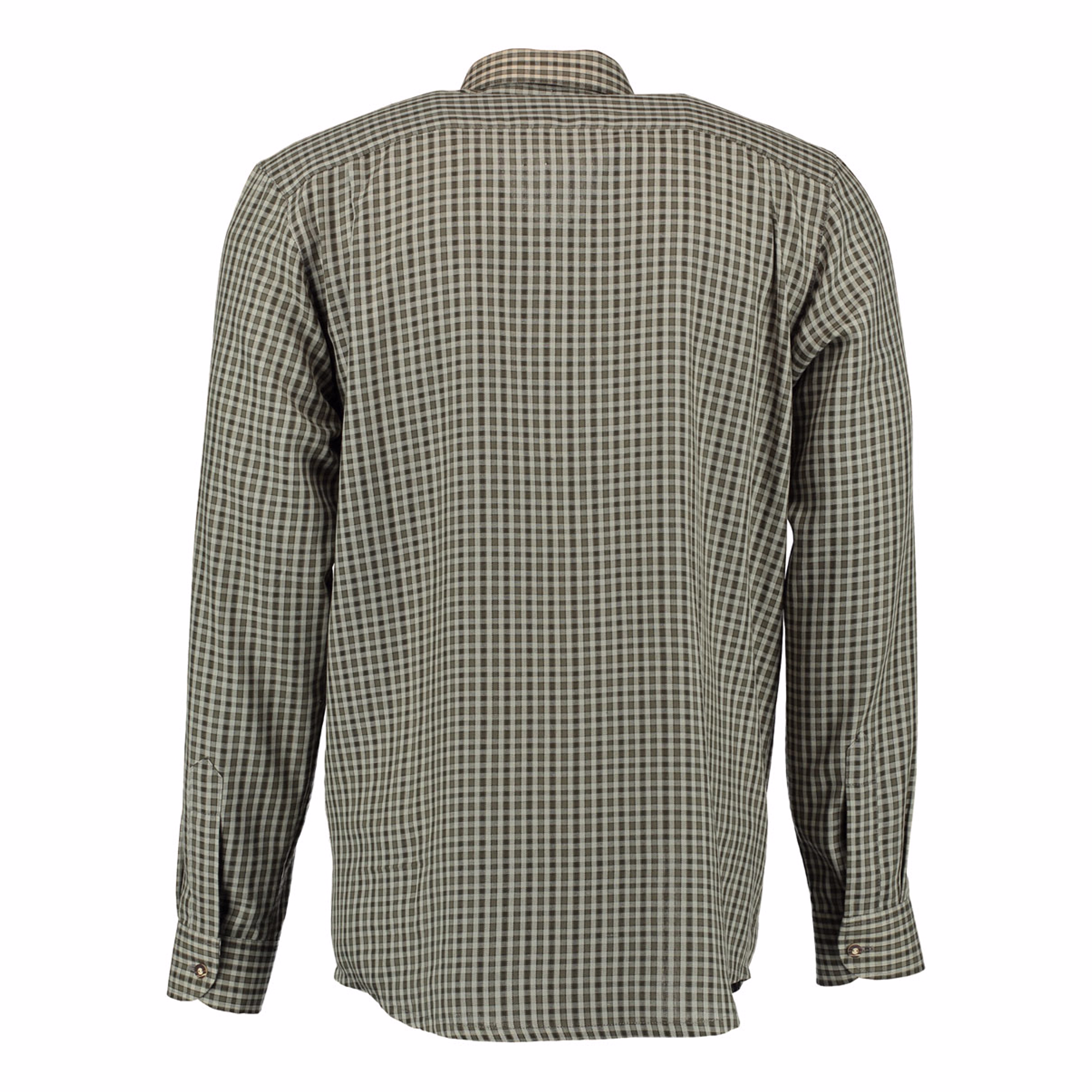 Herren-Jagdhemd mit Stickerei Rückansicht eines dunkelgrünen Jagdhemdes mit einzigartigem Haifischkragen und klassischer Passform. Dieses Langarmhemd, ideal für den Alltag, ist mit einem auffälligen Hai-Stickmotiv versehen. Verleihen Sie Ihrer Jagdausrüstung mehr Stil und Funktionalitä