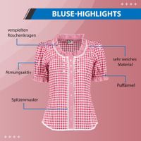 Damen-Bayerische Trachtenbluse Charmante, bayerisch inspirierte Bluse für Damen mit verspieltem Rüschenkragen und zartem Spitzenmuster. Aus besonders weichem, atmungsaktivem Material gefertigt, besticht sie durch elegante Puffärmel für einen verspielten Akzent.
