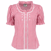 Damen-Bayerische Trachtenbluse Helle rote bayerische Bluse für Damen, ideal für legere Anlässe. Leichtes Material mit weißer Spitzenborte am Ausschnitt, an der Knopfleiste und den Manschetten sowie bezaubernder weißer Blumenstickerei auf der Brust. Verleihen Sie Ihrem Stil mühelos ein U