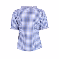 Damen-Bayerische Trachtenbluse Werfen Sie einen Blick auf die Rückseite dieser lebhaften blauen Damen-Trachtenbluse mit kurzen Puffärmeln. Ideal für einen schnellen Stil-Update, ist sie aus leichtem, baumwollähnlichem Stoff gefertigt und bietet zusätzlichen Komfort. Jetzt online erhältl