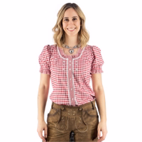 Damen-Bayerische Trachtenbluse Stellen Sie sich die elegante Rückansicht einer roten bayerischen Bluse mit kurzen Puffärmeln und schulterfreiem Design vor. Ihr Vintage-Charme unterstreicht den traditionellen Look von Trachtenlederhosen perfekt.