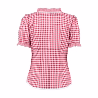 Damen-Bayerische Trachtenbluse Rückansicht einer roten Damen-Trachtenbluse mit kurzen Puffärmeln. Ideal für einen schnellen Stil-Update, ist diese Bluse aus leichtem, baumwollähnlichem Stoff gefertigt und bietet hohen Tragekomfort. Jetzt online erhältlich.