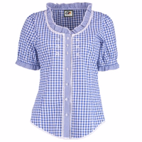 Damen-Bayerische Trachtenbluse Entdecken Sie die Rückansicht unserer blauen Damen-Trachtenbluse mit ihren bezaubernden kurzen Puffärmeln. Ideal für einen schnellen Stil-Update, ist diese Bluse aus einem leichten, baumwollähnlichen Stoff gefertigt, der ganztägigen Komfort bietet. Jetzt o