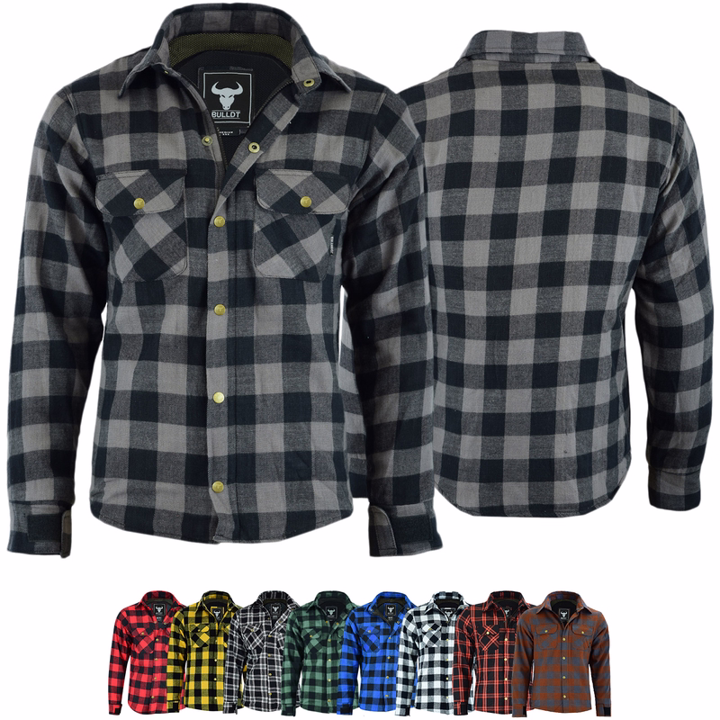 BIGXXL Herren-Motorradhemd im Lumberjack-Stil, in Rot und Grau. Vorder- und Rückansicht des BIGXXL Herren-Motorradshirts in Grau mit Aramidfaser & DuPont™ Kevlar. CE-Protektoren an Brust, Armen, Schultern und Rücken. Atmungsaktiv, verstellbare Bündchen, durchgehender Reißverschluss für Komfort und Sicherheit.