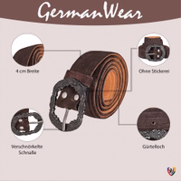 Herren Traditioneller Ledergürtel Feature-Ansicht des traditionellen Herrengürtels in Dunkelbraun mit traditioneller Metallschnalle, hochwertigem Rindsleder und deutscher Handwerkskunst. Ein elegantes, vielseitiges und langlebiges Accessoire.