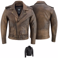 BULLDT leather motorcycle jacket in antique brown on the front and back, with a small black accent at the bottom.