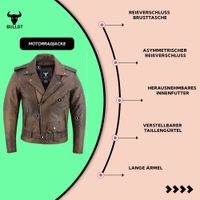 Antique Brown BULLDT Motorcycle Jacket Features: Asymmetrical zipper, inner lining, waist belt, and long sleeves.