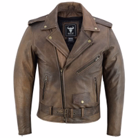 BULLDT Brando Men’s Vintage Motorcycle Leather Jacket in Antique Brown Chopper Style with Removable Inner Lining Zipper Sleeve Front and Back View Premium Biker Jacket