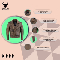 Herren Brando Motorrad-Lederjacke BULLDT Infografik: Antikbraun Lederjacke aus 100% Büffelleder mit Reverskragen, Reißverschlusstaschen und Manschetten.