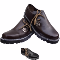 Bayerische traditionelle schwarze Haferlschuhe aus Leder für Herren Paar bayerische traditionelle Haferlschuhe für Herren in Dunkelbraun, aus echtem Rindsleder, seitlich geschnürt, mit Edelweiß-Design und Glattleder – authentische Trachtenschuhe jetzt online kaufen.