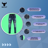 BULLDT Herren-Motorradjeans Eigenschaften der BULLDT Herren Motorradjeans Blau mit Reißverschluss, Gürtelschlaufen, Taschen hinten und Protektoren für Komfort Sicherheit und Alltagstauglichkeit jetzt kaufen
