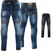 BULLDT Herren-Motorradjeans Vorder und Rückansicht der BULLDT Herren Motorradjeans Blau aus atmungsaktivem Denim mit Hüft und Knieschonern für täglichen Komfort und Schutz beim Fahren jetzt online kaufen