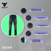 BULLDT Herren-Motorradjeans Eigenschaften der BULLDT Herren Motorradjeans Schwarz mit Reißverschluss, Gürtelschlaufen, Hüftschonern und Taschen hinten für täglichen Komfort und verlässliche Sicherheit jetzt kaufen